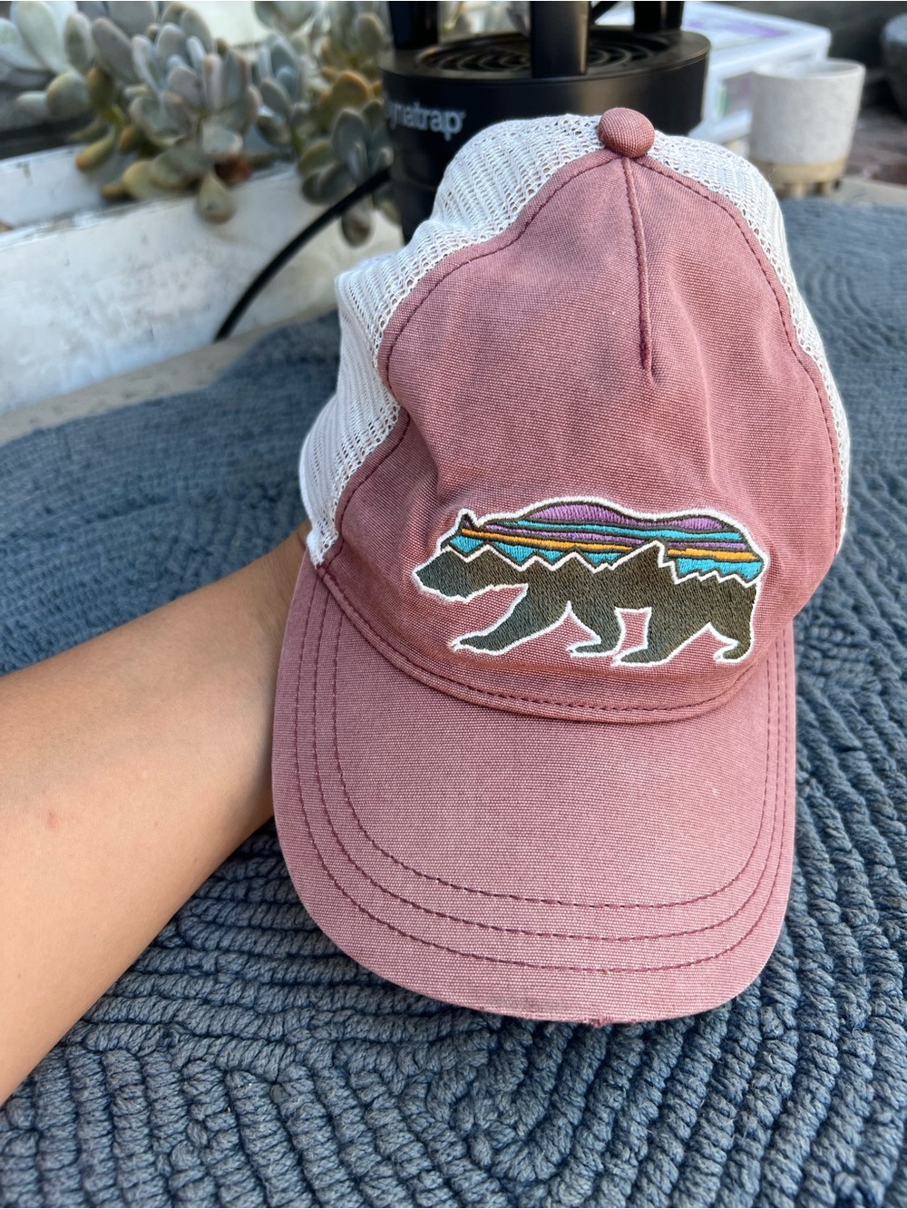 Patagonia Kids Dusty Pink Mesh-Back Bear Patch Trucker Hat
